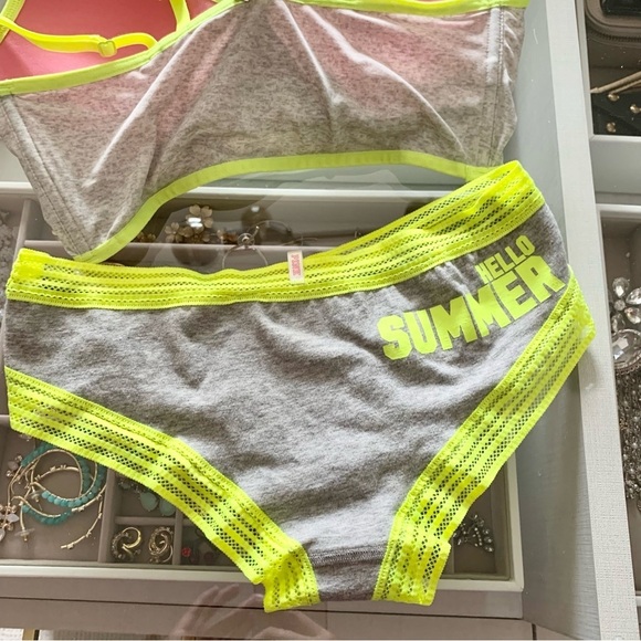 VS Heather Grey Neon Yellow Green Strappy Push-Up Padded Bralette Panty Set - Picture 11 of 14